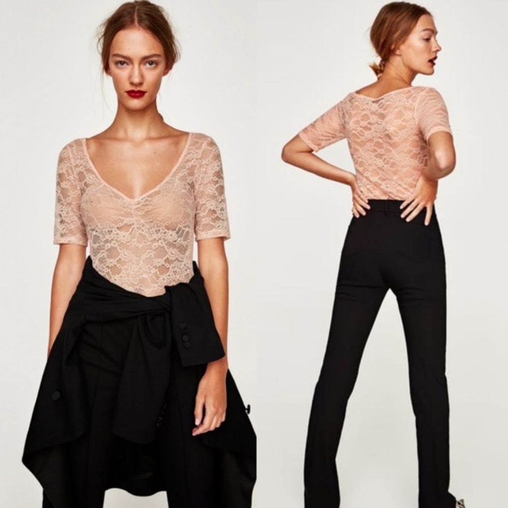 NWT {Zara} Pink V-neck Lace Sheer Bodysuit